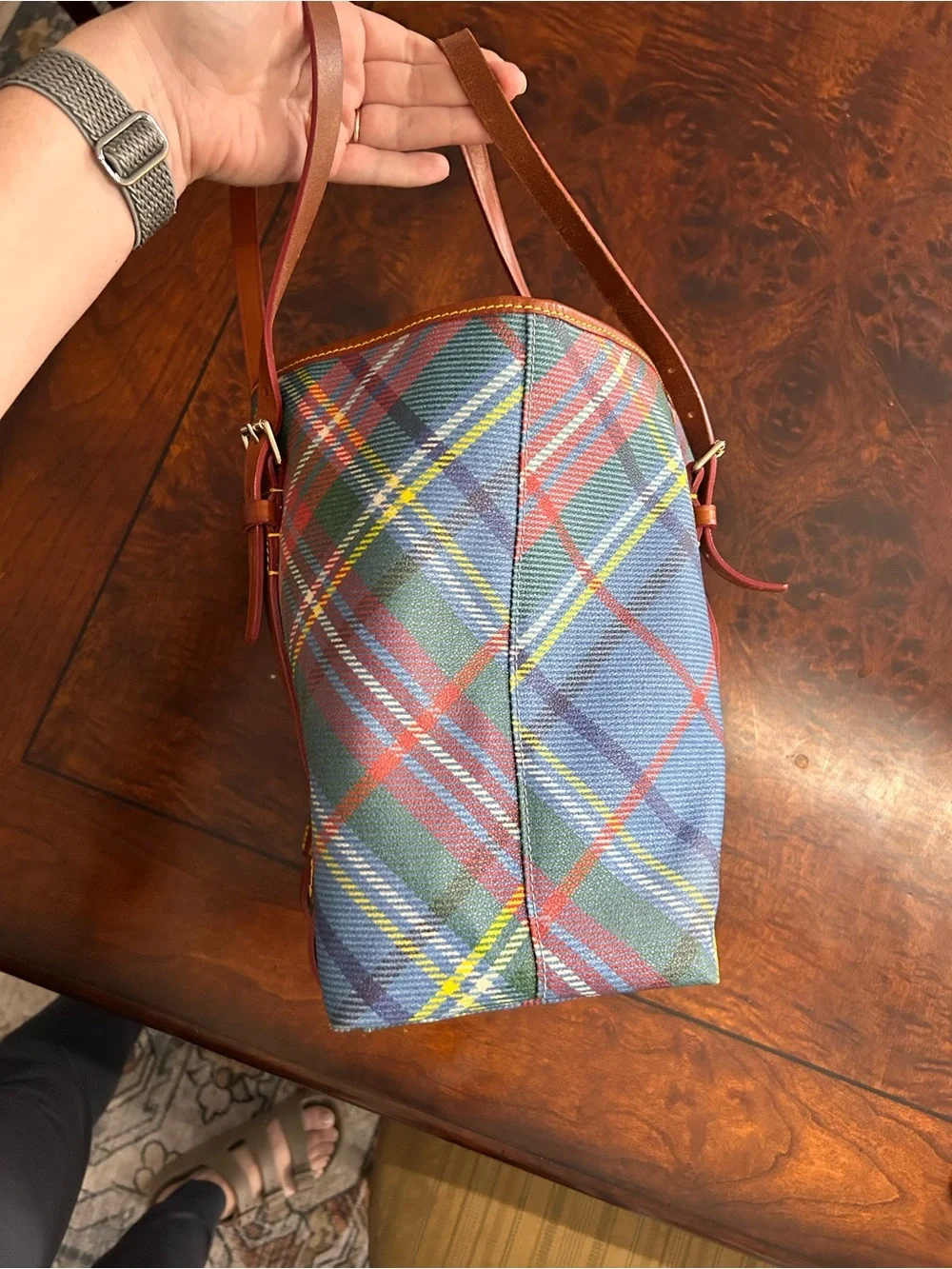 Vintage Dooney & Bourke Windsor Tartan Plaid Tote Bag Made USA Leather Trim Duck